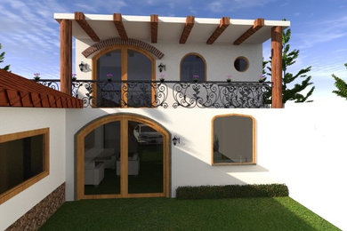 Идея дизайна: маленький, двухэтажный, белый дом в стиле рустика с комбинированной облицовкой и двускатной крышей для на участке и в саду