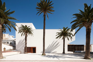 Ejemplo de fachada blanca mediterránea de tamaño medio a niveles con tejado plano