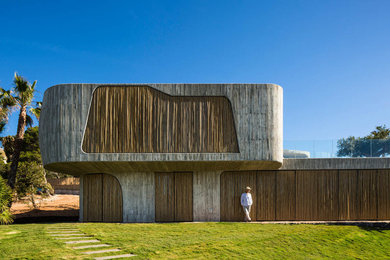 Ispirazione per la facciata di una casa contemporanea con rivestimento in cemento