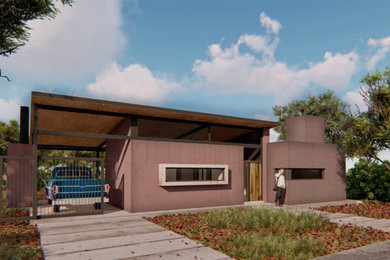 Ejemplo de fachada de casa morado de estilo de casa de campo de tamaño medio de una planta con revestimiento de estuco y tejado plano