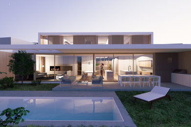 Modelo de fachada de casa blanca mediterránea de tamaño medio de dos plantas con revestimientos combinados, tejado plano y tejado de varios materiales
