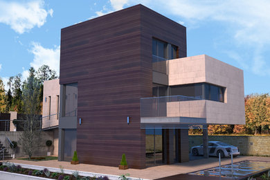 Modelo de fachada beige moderna de tamaño medio de tres plantas con revestimiento de madera y tejado plano