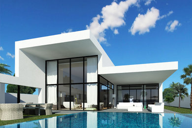 Diseño de fachada de casa blanca moderna grande de una planta con revestimiento de aglomerado de cemento y tejado plano