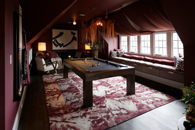 Mid-sized eclectic enclosed dark wood floor game room photo in San Francisco with purple walls and no tv