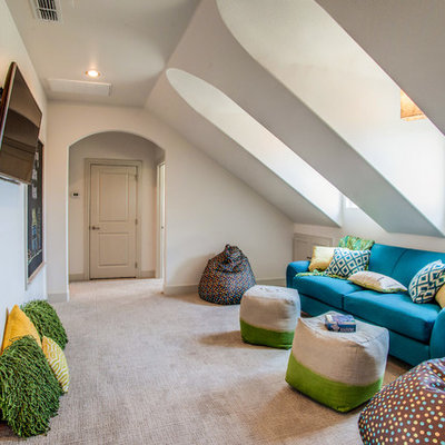 Family room - traditional enclosed carpeted family room idea in Austin with white walls and a wall-mounted tv