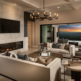 Immagine di un grande soggiorno design aperto con pavimento in gres porcellanato, cornice del camino piastrellata, TV a parete, pareti beige, camino lineare Ribbon e pavimento beige