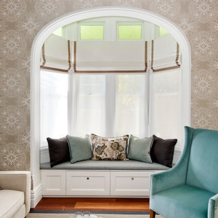 Inspiration for a mid-sized transitional family room in Sydney with grey walls, brown floor and wallpaper.