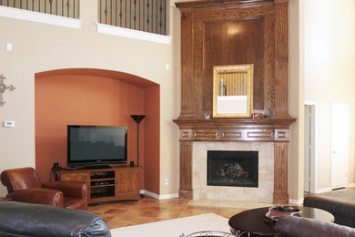 Photo of a large traditional open plan games room in Dallas with multi-coloured walls, ceramic flooring, a corner fireplace, a tiled fireplace surround, a freestanding tv and multi-coloured floors.