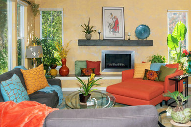 Family room - eclectic open concept family room idea in San Francisco with a ribbon fireplace and a metal fireplace