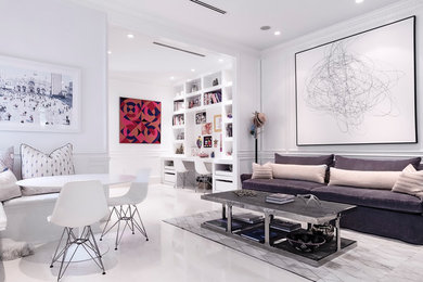 Example of a large trendy open concept family room design in Miami with white walls