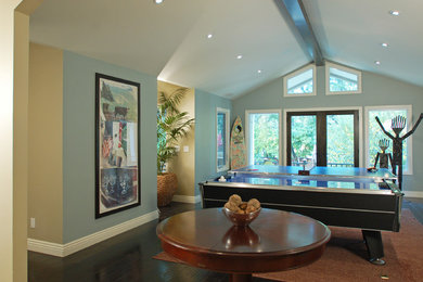 Example of a large classic open concept dark wood floor game room design in San Francisco with blue walls, no fireplace and no tv
