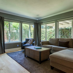 Mid-sized trendy open concept light wood floor and brown floor family room photo in Los Angeles with gray walls and a tv stand