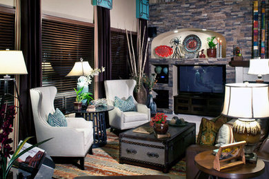 Family room - large transitional open concept carpeted family room idea in Phoenix with beige walls, a standard fireplace and a tv stand