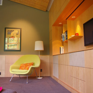 Esempio di un soggiorno design con pareti verdi, moquette, TV a parete e pavimento viola