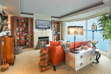 Mid-sized eclectic open concept carpeted family room photo in Seattle with beige walls, a wall-mounted tv, a standard fireplace and a tile fireplace