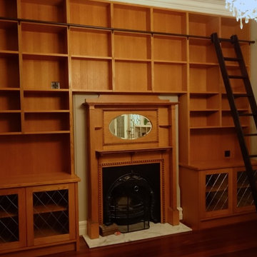 American Oak Bookcases with Rolling Ladder