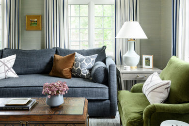 Family room - transitional enclosed wallpaper family room idea in Boston with gray walls