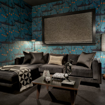 Mid-sized trendy enclosed carpeted family room photo in Chicago with multicolored walls, no fireplace and no tv