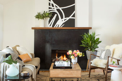 Inspiration for a contemporary light wood floor family room remodel in Denver with white walls, a standard fireplace and a metal fireplace
