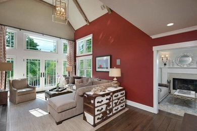 Large transitional enclosed dark wood floor and brown floor family room photo in New York with red walls, no fireplace and no tv
