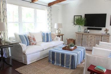 Example of a mid-sized beach style open concept dark wood floor family room design in Jacksonville with white walls and a wall-mounted tv