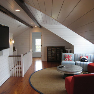 Mountain style loft-style medium tone wood floor family room photo in Charleston with white walls and a wall-mounted tv