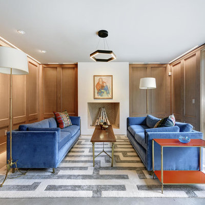 Large transitional enclosed concrete floor and gray floor family room photo in Austin with brown walls, a standard fireplace, no tv and a plaster fireplace