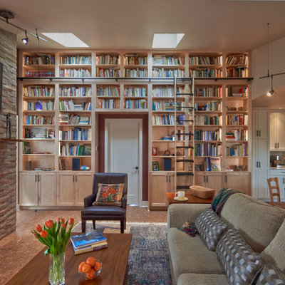 Inspiration for a mid-sized craftsman open concept cork floor and brown floor family room library remodel in Seattle with a standard fireplace, purple walls, a brick fireplace and no tv