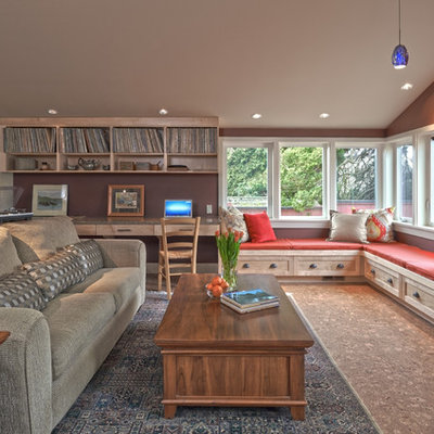 Example of a mid-sized arts and crafts open concept cork floor family room library design in Seattle with a standard fireplace, purple walls, a brick fireplace and no tv