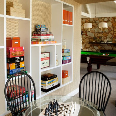 Example of a mid-sized classic open concept carpeted family room design in Melbourne