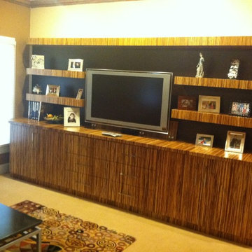 Bamboo and oak media unit with pop up TV