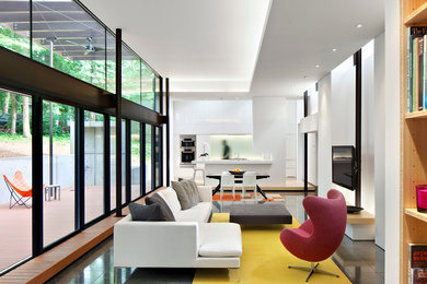 Offenes Modernes Wohnzimmer mit weißer Wandfarbe und Betonboden in Raleigh