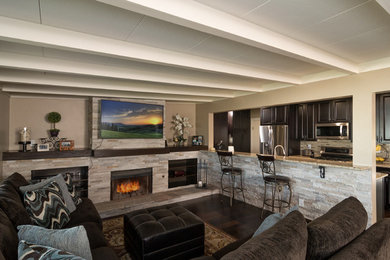 Example of a mid-sized transitional open concept dark wood floor and brown floor family room design in San Diego with a standard fireplace, a stone fireplace, a wall-mounted tv and beige walls