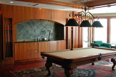 Medium sized classic enclosed games room in Orange County with a game room, beige walls and marble flooring.