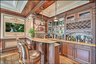 Example of a large classic medium tone wood floor and brown floor home bar design in New York