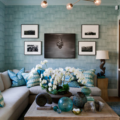 Family room - contemporary family room idea in New York with multicolored walls