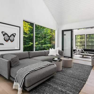 Example of a minimalist open concept light wood floor and beige floor family room design with white walls