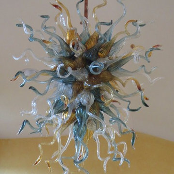 Blown Glass Chandelier - Art Glass - Art Glass Lighting - Teal  Clear & Amber