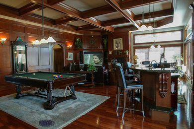 Large elegant open concept game room photo in Other with a media wall