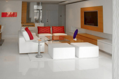 Example of a minimalist marble floor family room design in Miami with white walls