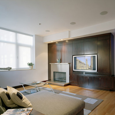 Trendy medium tone wood floor family room photo in Boston with white walls, a standard fireplace and a media wall