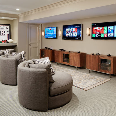 Example of a large transitional carpeted and gray floor family room design in Chicago with beige walls and no fireplace