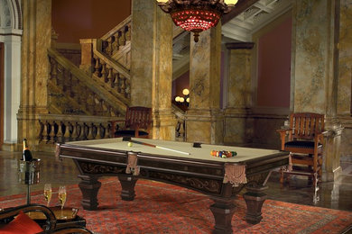 Game room - large victorian open concept game room idea in Orange County with no fireplace, no tv and brown walls