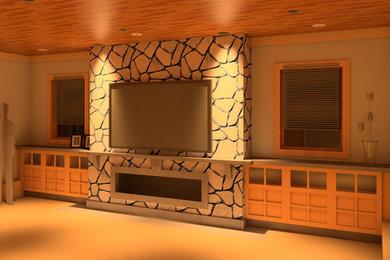 Example of a large arts and crafts enclosed carpeted game room design in Other with brown walls, a ribbon fireplace, a stone fireplace and a wall-mounted tv