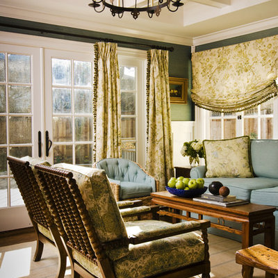 Inspiration for a timeless family room remodel in San Francisco with green walls