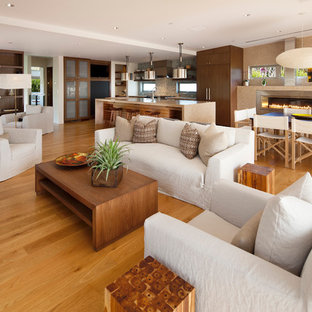 Offenes, Großes Modernes Wohnzimmer mit hellem Holzboden, weißer Wandfarbe und orangem Boden in Santa Barbara