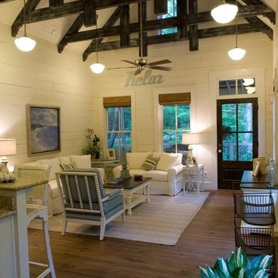 Family room - rustic family room idea in Atlanta with white walls