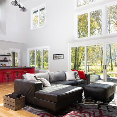 Inspiration for a farmhouse light wood floor family room remodel in Other with gray walls