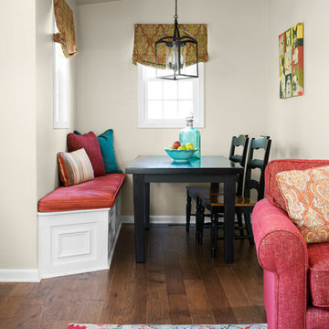 Casual Great Room Family Space with Dining Alcove in Red and Teal