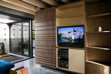 Minimalist family room photo in Vancouver with a concealed tv